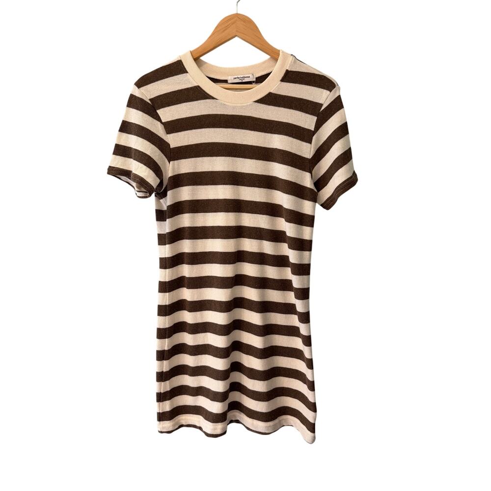 NWT Perfect White Tee Striped T-Shirt Dress Brown Cream S $115